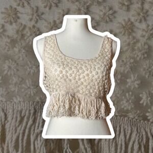 Forever 21 Crop Top Women's Sheer Boho Y2K Floral Fringe Beige Western Coachella